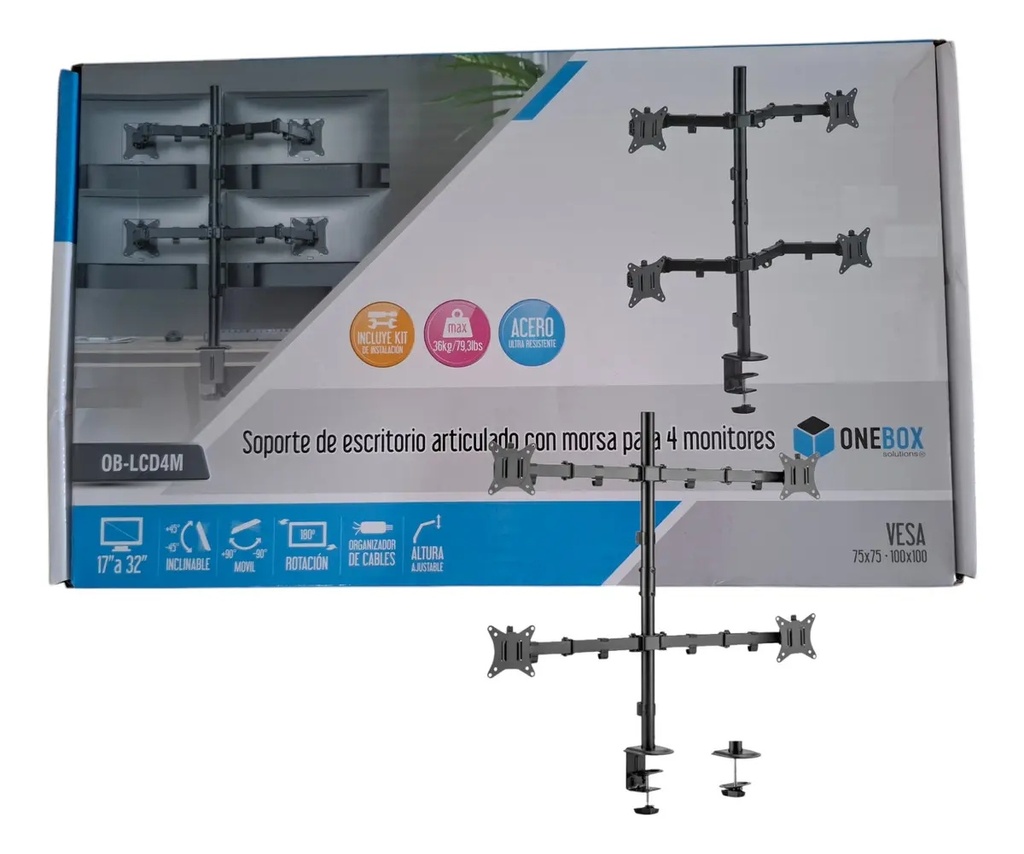 Soporte Escritorio Onebox Articulado con Morsa para  4 Monitores de 17" a 32"
